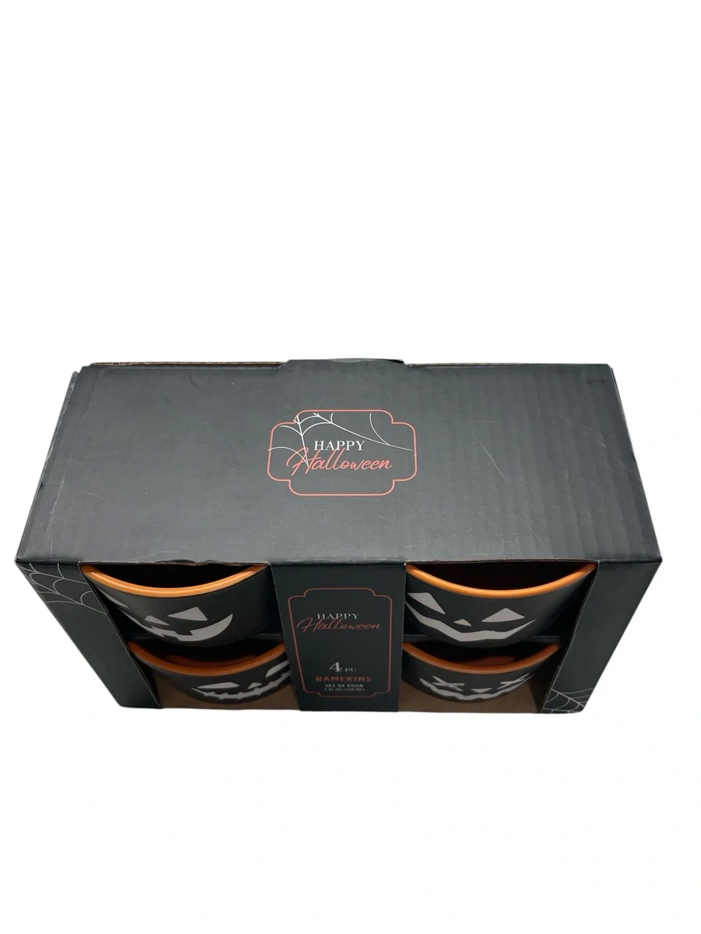 Happy Halloween Black Jack O Lantern Ramekins 5oz Set of 4 NWT